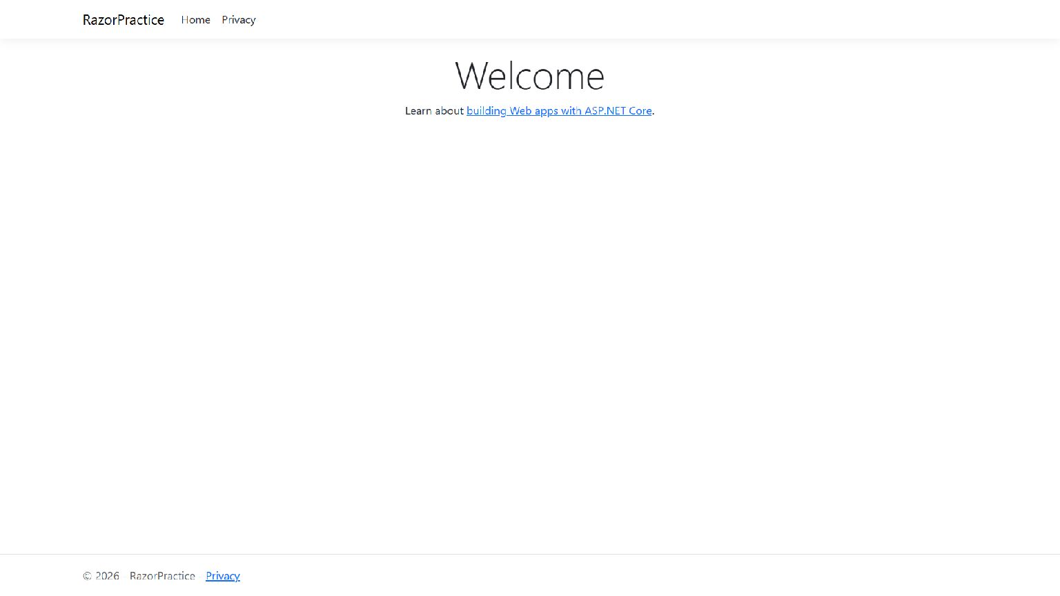 דף Welcome של פרויקט RazorPractice שנוצר והורץ מתוך Rider