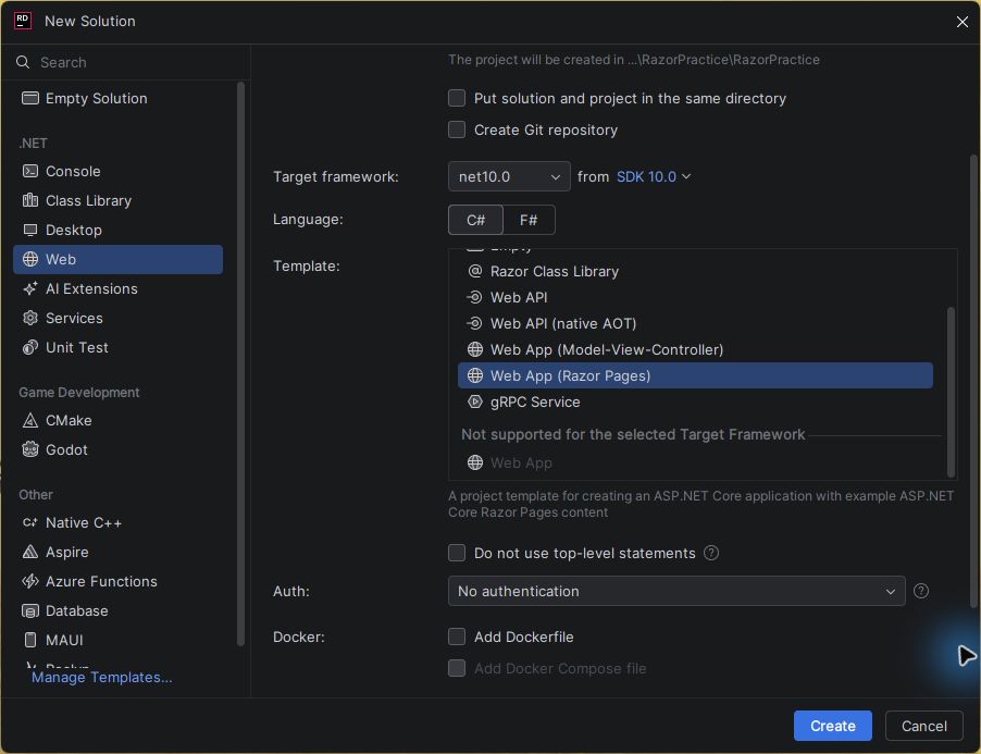אפשרויות Razor Pages ב־Rider עם net10.0, אימות No authentication ואפשרות Do not use top-level statements לא מסומנת