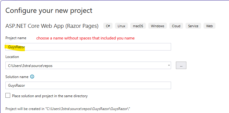 חלון Configure your new project עם השם GuysRazor ומיקום ברירת המחדל source repos