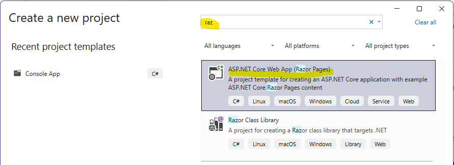 חיפוש raz ובחירת ASP.NET Core Web App (Razor Pages) בחלון יצירת פרויקט