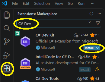 חלון Extensions עם חיפוש C# Dev וכפתור Install של C# Dev Kit מסומנים