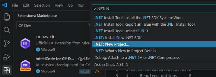 רשימת הפקודות של VS Code עם NET New Project מסומן לבחירה