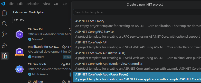 רשימת תבניות הפרויקט ב־VS Code עם ASP.NET Core Web App (Razor Pages) מסומנת